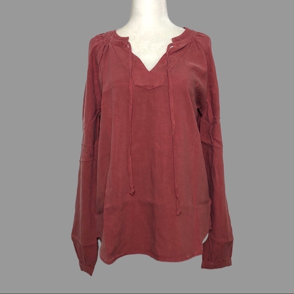🧡 S 🧡 NWT Anthro Top Spliced Neck Blouse V-Neck Drawstring Puffed Sleeves​